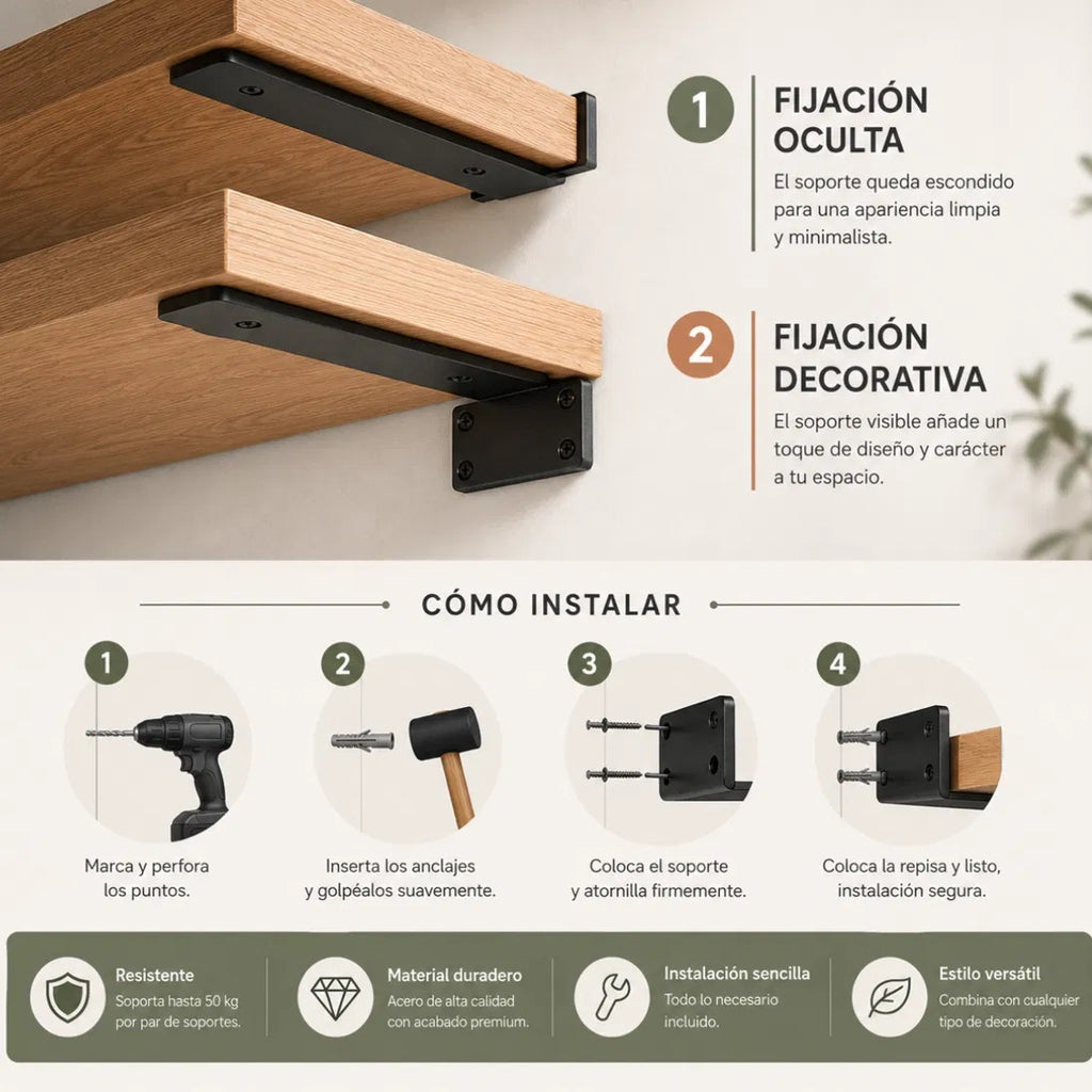 Repisas flotantes con soportes tipo T instalados, ambiente decorado