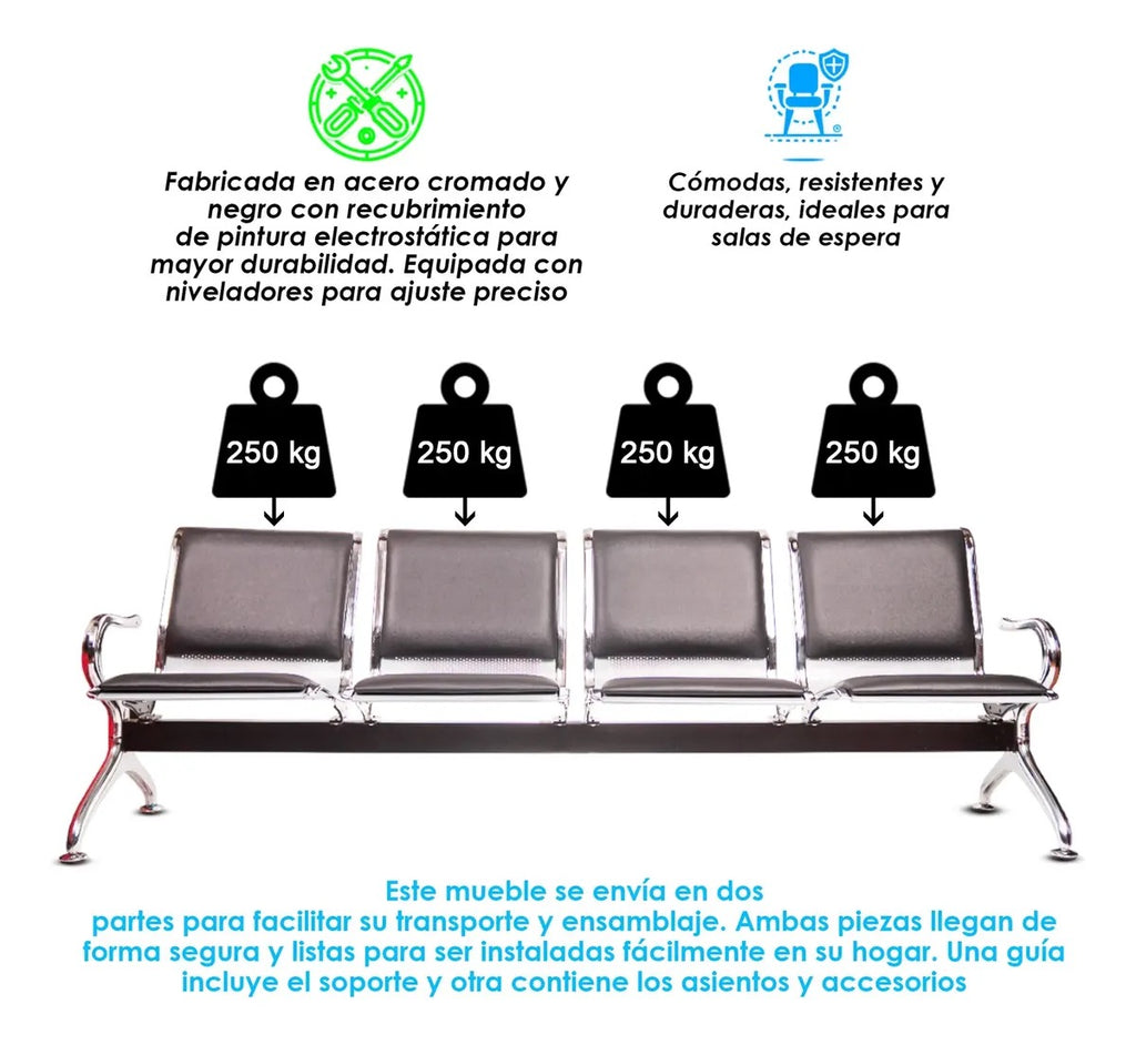 Banca Metálica 4 Plazas Acojinada Oficina Sala De Espera