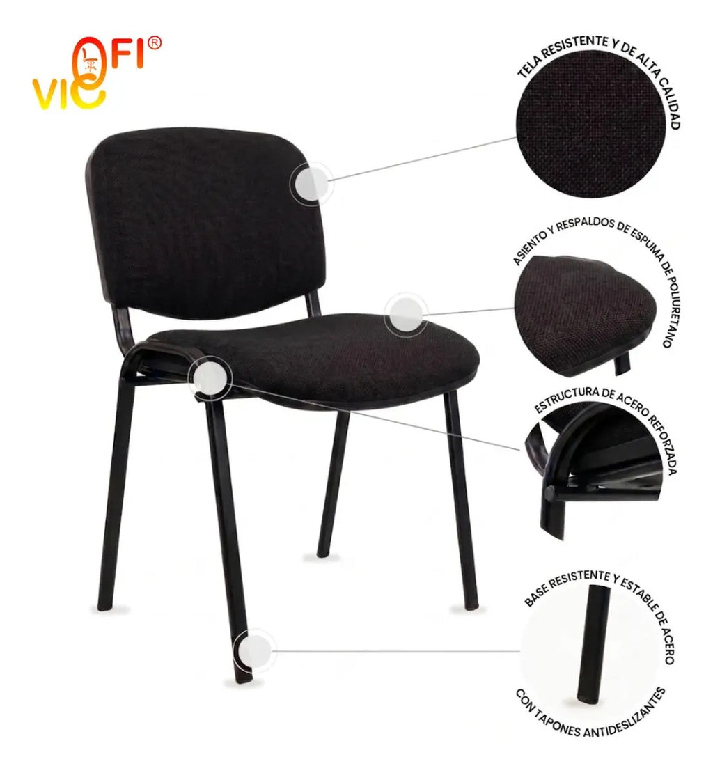 Set 8 Sillas De Visita Para Oficina ISO Resistentes Negro Tela