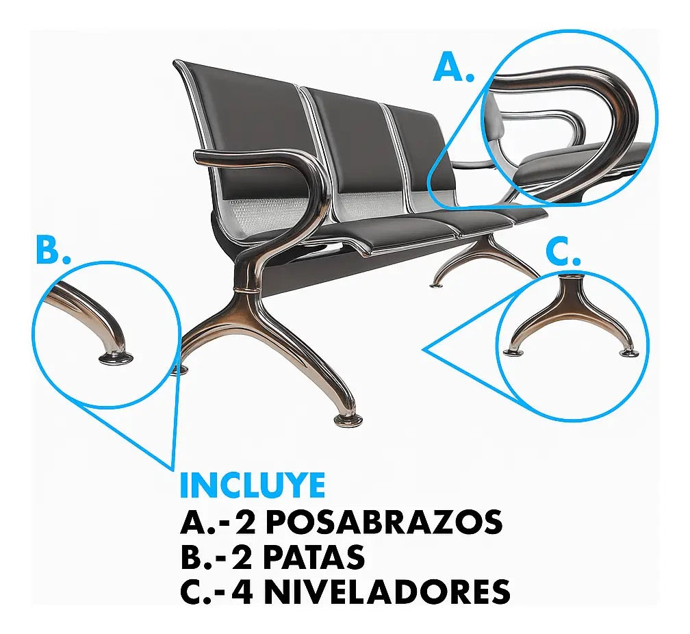 Banca Metálica 3 Plazas Acojinada Oficina Sala De Espera