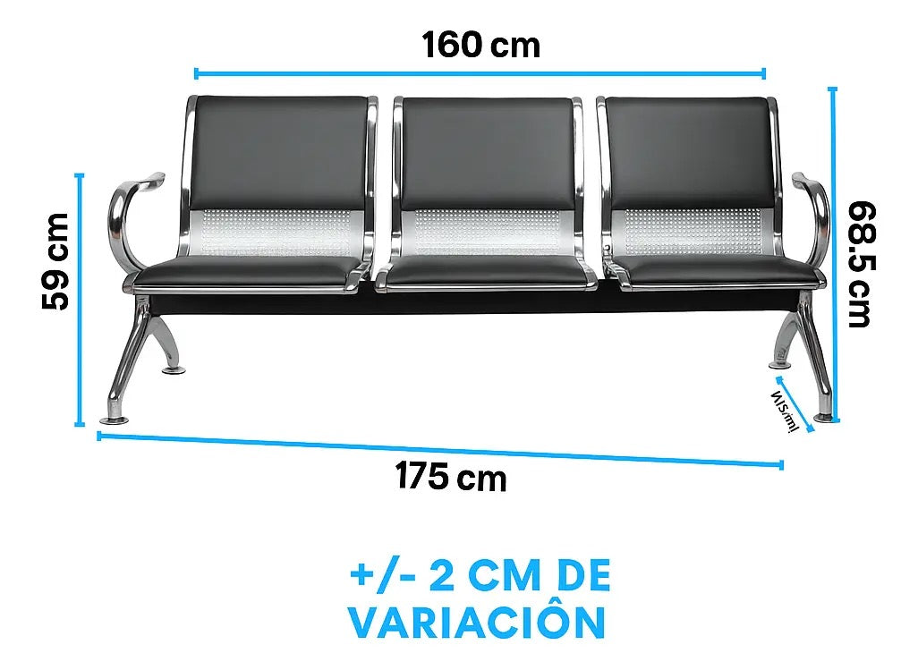 Banca Metálica 3 Plazas Acojinada Oficina Sala De Espera
