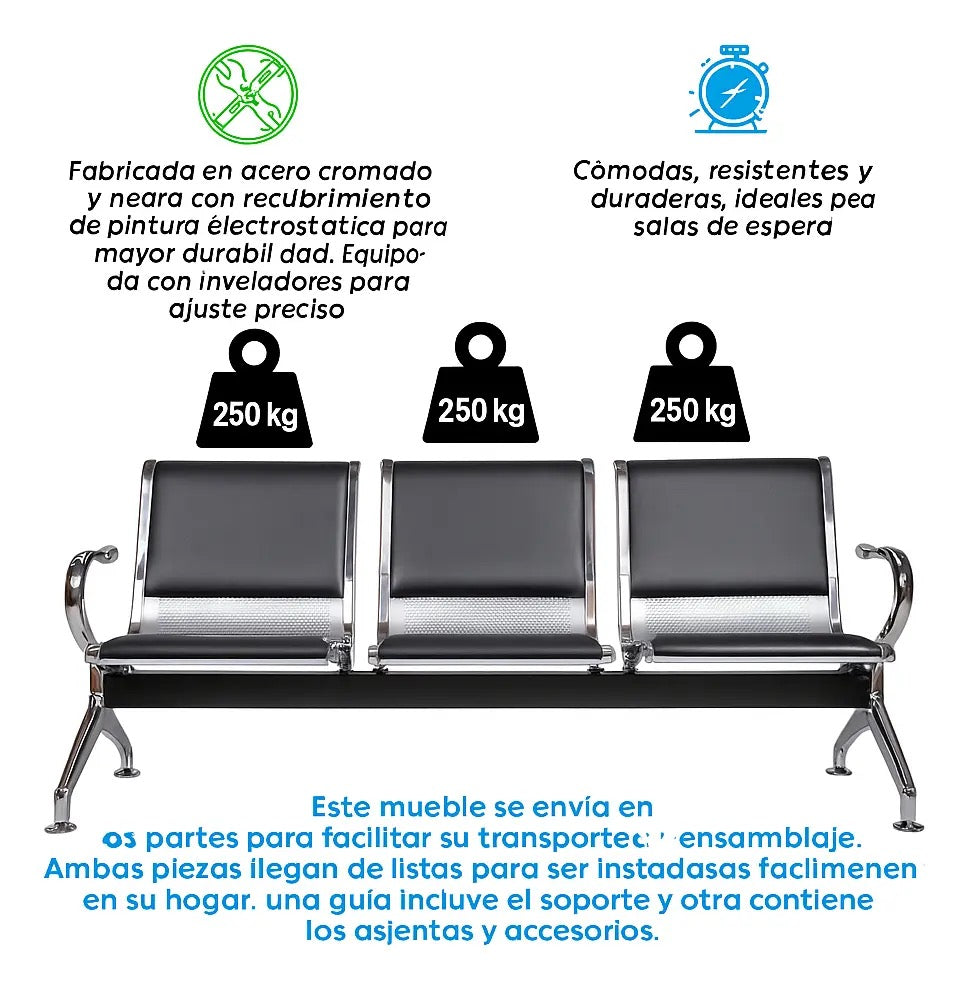 Banca Metálica 3 Plazas Acojinada Oficina Sala De Espera