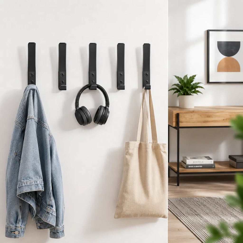 Perchero retro de pared 5 ganchos acero negro mate, vista de producto