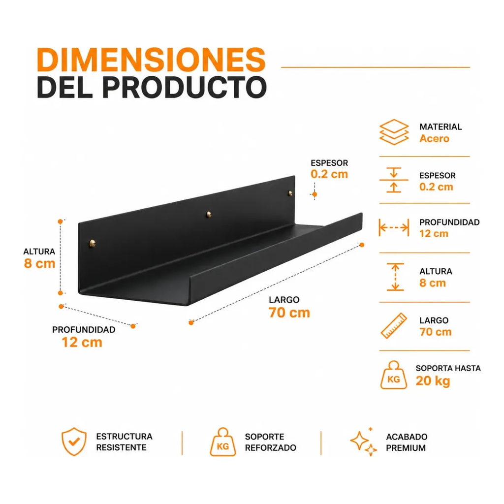 Repisas Acero Flotante Minimalista Industrial 70cm Lámina
